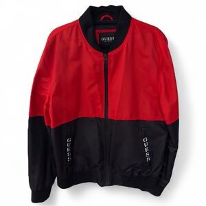 GUESS Men's Bold Red and Black Bomber Jacket Large